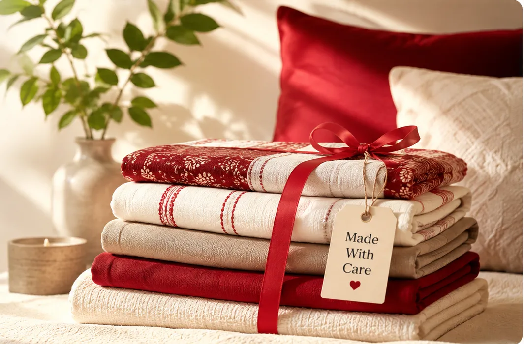 A ribboned stack of folded cotton textiles beside a plant and cushions