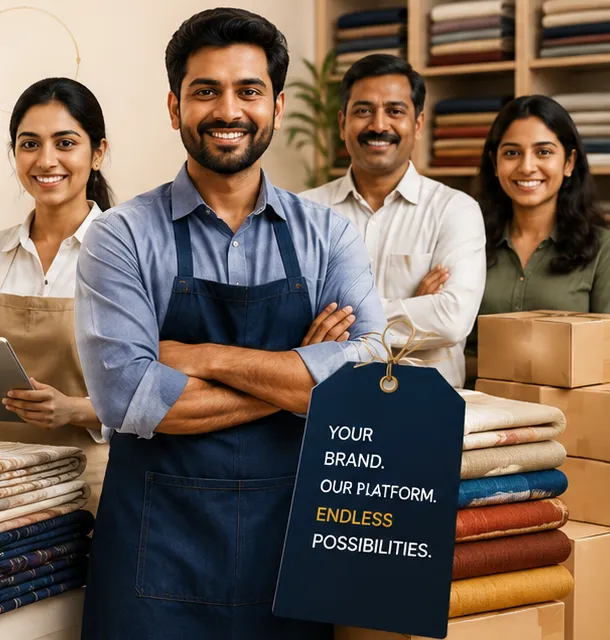 Four M2C vendors standing among folded textiles and packed cartons